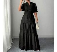 Shein Vestido de playa estilo francés para mujer de talla grande con cuello en V, cintura favorecedora, encaje calado y estilo de diosa blanca para vacacion