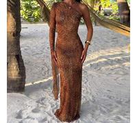 Shein Vestido de playa sexy de malla transparente para mujer, estampado de leopardo! Un hombro, manga larga! Vestido de cobertura de playa~ Elegante y trans