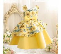 Shein Vestido de princesa con escote asimétrico, estampado floral de rosa y patchwork, estilo europeo para niña joven