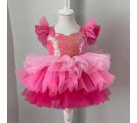 Shein Vestido de princesa con mangas de malla brillante para niña, vestido de pastel de fiesta de Navidad, adecuado como regalo de cumpleaños para niñas, ni