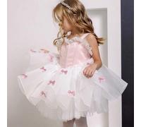 Shein Vestido de Princesa con Tirantes de Espagueti, Lazo y Tul Abullonado para Niña Joven, Adecuado para Fiesta de Cumpleaños de Niñas, Dama de Honor, Boda