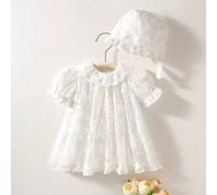 Shein Vestido de princesa de encaje con cuello floral, volantes en el bajo, manga abullonada y sombrero con ribete de encaje para bebé niña recién nacida, c