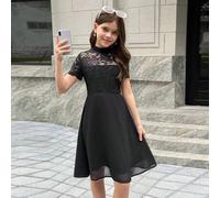 Shein Vestido de princesa de encaje negro elegante en línea A para niña preadolescente, adecuado para fiestas, el Día de San Valentín, combinación madre-hij