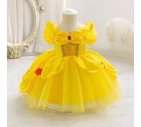 Shein Vestido de princesa de tul para niña, vestido de princesa de malla amarilla, encaje, gema roja, ropa de fiesta, rosa 3D roja, vestido de fiesta elegan