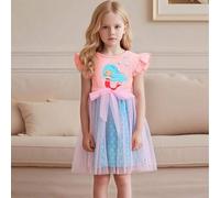 Shein Vestido de princesa dulce para niñas pequeñas - Mangas de campana rosa y estampado de cola de sirena, falda de tul degradado azul y rosa