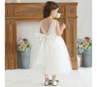 Shein Vestido de princesa para niñas con inserto de perlas de encaje, diseño de gran lazo desmontable, vestido de fiesta de gala de florista para boda