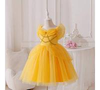 Shein Vestido de princesa para niñas, vestido de princesa de malla amarilla, tirantes de malla con cinta dorada, adecuado para todas las estaciones, fiesta