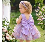 Shein Vestido de princesa sin mangas para niña bebé con corpiño de satén púrpura claro y falda bordada con flores 3D coloridas, lazo grande desmontable en l