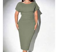 Shein Vestido de punto casual ajustado de manga corta de murciélago con cuello redondo de unicolor para mujer de talla grande