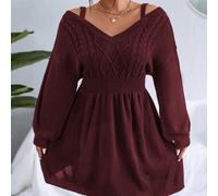 Shein Vestido de punto casual corto con manga farol, cintura ceñida y unicolor para mujer talla grande, para otoño/invierno, para el Día de Acción de Gracia