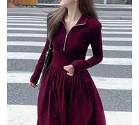 Shein Vestido de punto con media cartera con cremallera de unicolor, estilo europeo y americano para mujer. Nueva falda acampanada que ciñe la cintura para
