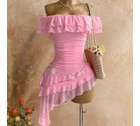 Shein Vestido de punto y malla de talla grande para primavera/verano con volantes asimétricos multicapa, ajustado y sin tirantes, adecuado para fiesta de ja