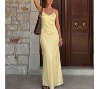 Shein Vestido de satén amarillo para mujer, diseño de tirantes de camisola con cuello en V, adecuado para vacaciones de verano, cumpleaños, fiesta de boda a