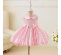 Shein Vestido de satén brillante rosa para niña, vestido de niña con cuello Peter Pan, falda de burbuja sin mangas con decoración de lazo, vestido de niña d
