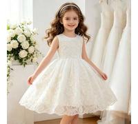 Shein Vestido de satén sin mangas con encaje de malla bordado color albaricoque para niñas, vestido de niña de las flores para boda, cumpleaños, fiesta, act