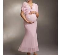 Shein Vestido de sesión fotográfica de maternidad con mangas con volantes, escote en V, diseño floral 3D, cintura ajustada, vestido largo de doble capa