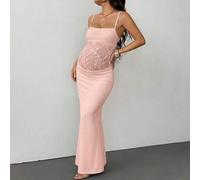 Shein Vestido de sirena con tirantes de espagueti de encaje rosa para mujeres embarazadas, vestido de fotografía de maternidad, vestido de embarazo con expo