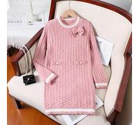 Shein Vestido de suéter para niñas preadolescentes de otoño e invierno. Diseño de suéter de punto grueso con cuello redondo ajustado en color rosa, que mues