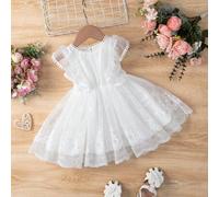 Shein Vestido de superposición de malla con ribete de volantes y bordado para bebé niña