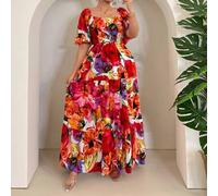 Shein Vestido de talla grande con cuello cuadrado, mangas con volantes y estampado tropical de resort