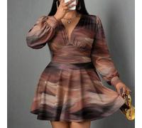 Shein Vestido de talla grande con estampado de pinceladas en marrón, adecuado para fiestas