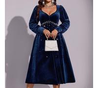 Shein Vestido de Talla Grande de Terciopelo Azul con Cuentas Pesadas, Cuello en V Estilizador, Manga Larga Abullonada, Espalda en U con Lazo, Vestido de Noc