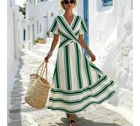 Shein Vestido de Talla Grande Estilo Europeo & Americano a Rayas con Cuello en V Plisado y Vuelo, Vestido Casual de Vacaciones de Verano