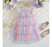 Shein Vestido de tarta de tul en capas con un precioso cuello de volantes en degradado de colores para niñas jóvenes, con estrellas y lentejuelas, perfecto