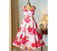 Shein Vestido de tela tejida de longitud media con estampado floral rosa y melocotón, de corte ceñido en la cintura y con lazo en los hombros, elegante y mi