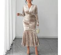 Shein Vestido de terciopelo champán dorado vintage y sexy con escote en V, plisado y cola de pez, adecuado para: fiesta anual/banquete corporativo, boda, fi