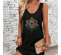 Shein Vestido de tirantes con diseño de tatuaje de flor de loto de henna minimalista casual, adecuado para el verano