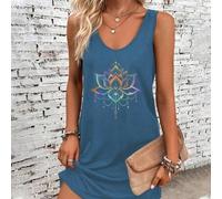Shein Vestido de tirantes con estampado de tatuaje de flor de loto minimalista y casual de color azul nebuloso, adecuado para el verano