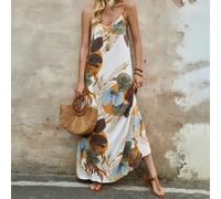 Shein Vestido de tirantes de mujer con estampado tropical de plantas para el verano, ropa de mujer para vacaciones tropicales, vestidos largos de mujer
