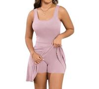 Shein Vestido de tirantes de mujer de unicolor de verano con leggins incorporados y bolsillos, vestido mini de punto con cuello cuadrado, vestido todo en un