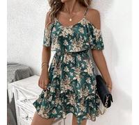 Shein Vestido de tirantes de verano para mujer con estampado floral y botánico romántico y dobladillo de volante