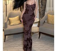 Shein Vestido de tirantes finos maxi ajustado y elegante con diseño floral 3D en color marrón, adecuado para invitada de boda en otoño, fiesta, cóctel, noch