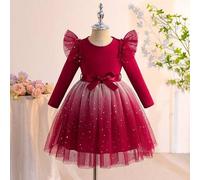 Shein Vestido de tul con degradado de colores y decoración de estrellas para niña, diseño único con lazo en la cintura, puños acampanados de manga larga, us