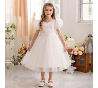 Shein Vestido de tul de princesa para fiesta del Día de San Valentín para niña, vestido corto de baile con mangas abullonadas hechas a mano con cuentas, ade