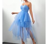 Shein Vestido de tul para fiesta de cócteles con elegante y romántico diseño azul, panel frontal fruncido, sin tirantes, dobladillo asimétrico y volantes de