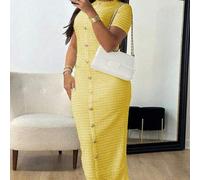 Shein Vestido de unicolor de manga corta con diseño de cremallera, hebilla falsa y abertura para mujer, elegante y de buen carácter, adecuado para citas al