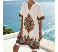 Shein Vestido de vacaciones con estampado bohemio de escote en V, con un ajuste suelto y relajado que favorece a todos los tipos de Body, con un patrón geom