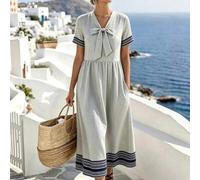 Shein Vestido de vacaciones de estilo francés casual de tela tejida para mujer de talla grande, vestido holgado y fluido de manga corta y cuello en V, con e