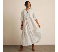 Shein Vestido de vacaciones de línea A para mujer de talla grande con cuello en V, flecos de cuerda & tela texturizada bordada, vestido largo blanco, atuend