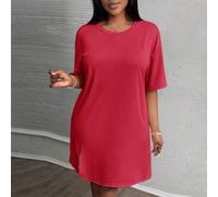 Shein Vestido de vacaciones de manga corta con hombros caídos y abertura lateral de color rosa para tallas grandes, para principios de primavera