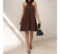 Shein Vestido de Verano Casual para Vacaciones con Silueta Holgada de Cuello Cruzado, Espalda Descubierta y Corte en A, de Lino Marrón
