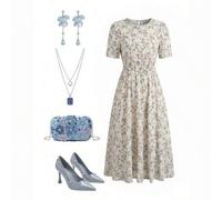Shein Vestido de verano con cuello redondo y cintura ceñida con estampado floral diminuto, vestido romántico para vacaciones