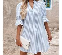 Shein Vestido de verano de mujer elegante de algodón y cáñamo con rayas, cuello en V, mangas cortas y cintura oculta con línea A
