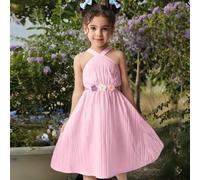 Shein Vestido de verano de playa para niña con top corto de crochet 3D con motivo floral, tirantes cruzados y rayas, perfecto para vacaciones, verano y viaj