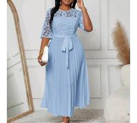Shein Vestido de verano de talla grande informal de unicolor con entredós de encaje, cintura imperio y bajo plisado para otoño, ropa de mujer para el Día de