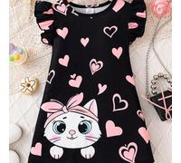 Shein Vestido de verano elegante de estilo de dama joven con estampado de gato y corazón, volantes en mangas, vestido casual corto y cómodo, ropa infantil v